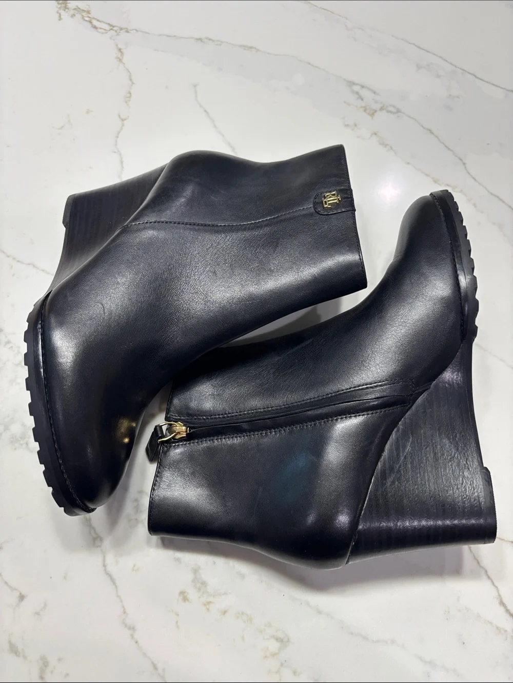 Ralph Lauren Black Leather Wedge Booties with Gold Logo